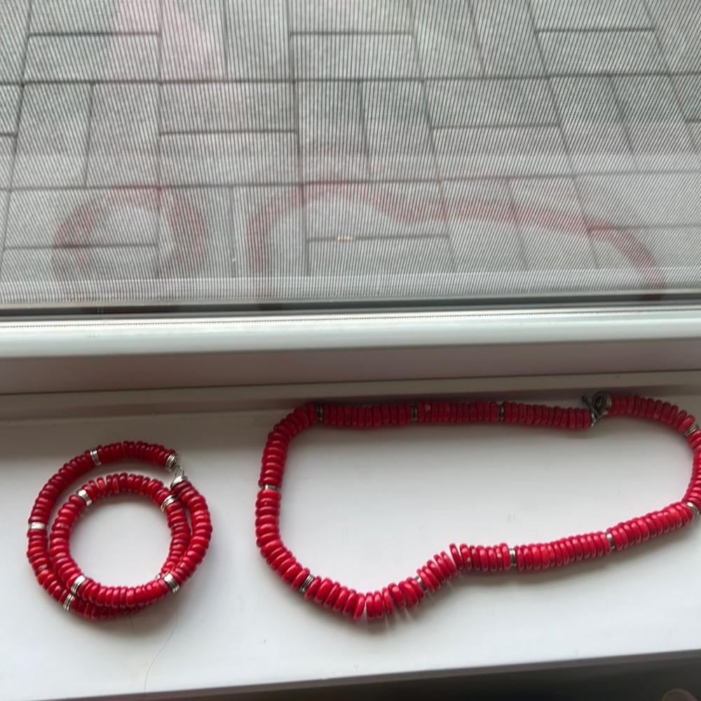 Red & silver bead necklace & earring  set